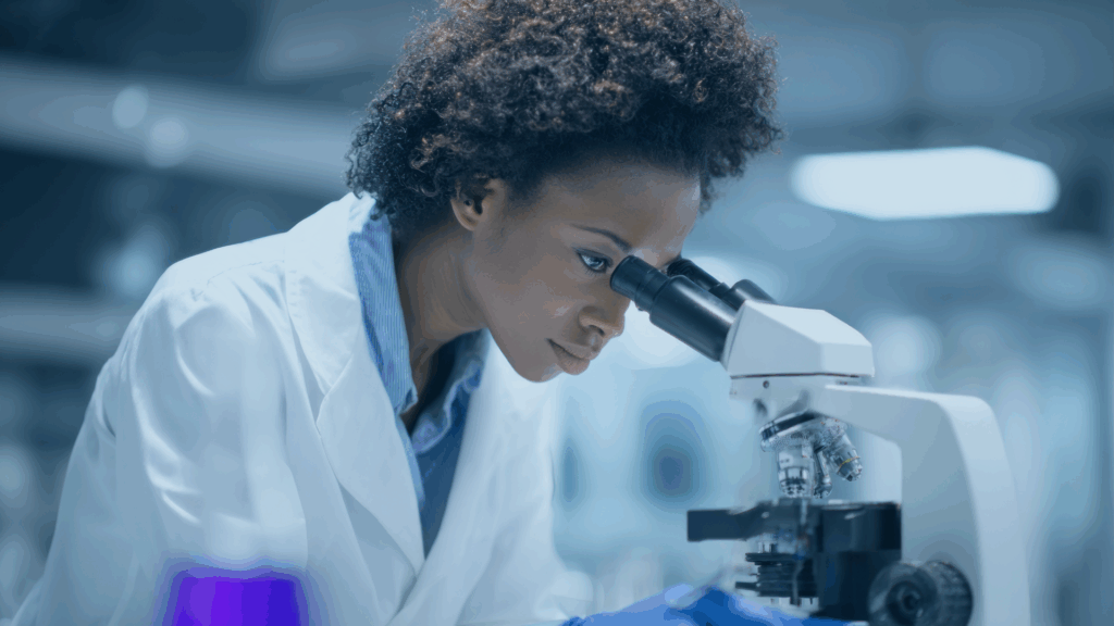 Lab tech at microscope